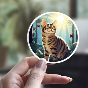 Leuke Bengaalse kat sticker, geïllustreerde kat sticker, bos sticker, kat persoon sticker, huisdier sticker, laptop sticker, waterfles sticker