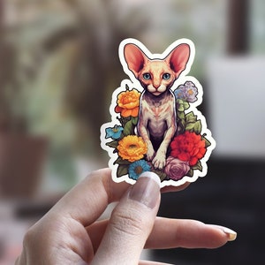 Sphynx Katzenaufkleber, Blumenkatzenaufkleber, niedlicher Katzenaufkleber, Katzenpersonaufkleber, Haustieraufkleber, Laptopaufkleber, Wasserflaschenaufkleber