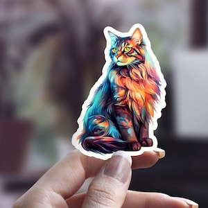 Bunter Maine Coon Katzenaufkleber, flauschiger Katzenaufkleber, niedlicher Katzenaufkleber, Katzen-Person-Aufkleber, Haustier-Aufkleber, Laptop-Aufkleber, Wasserflaschen-Aufkleber