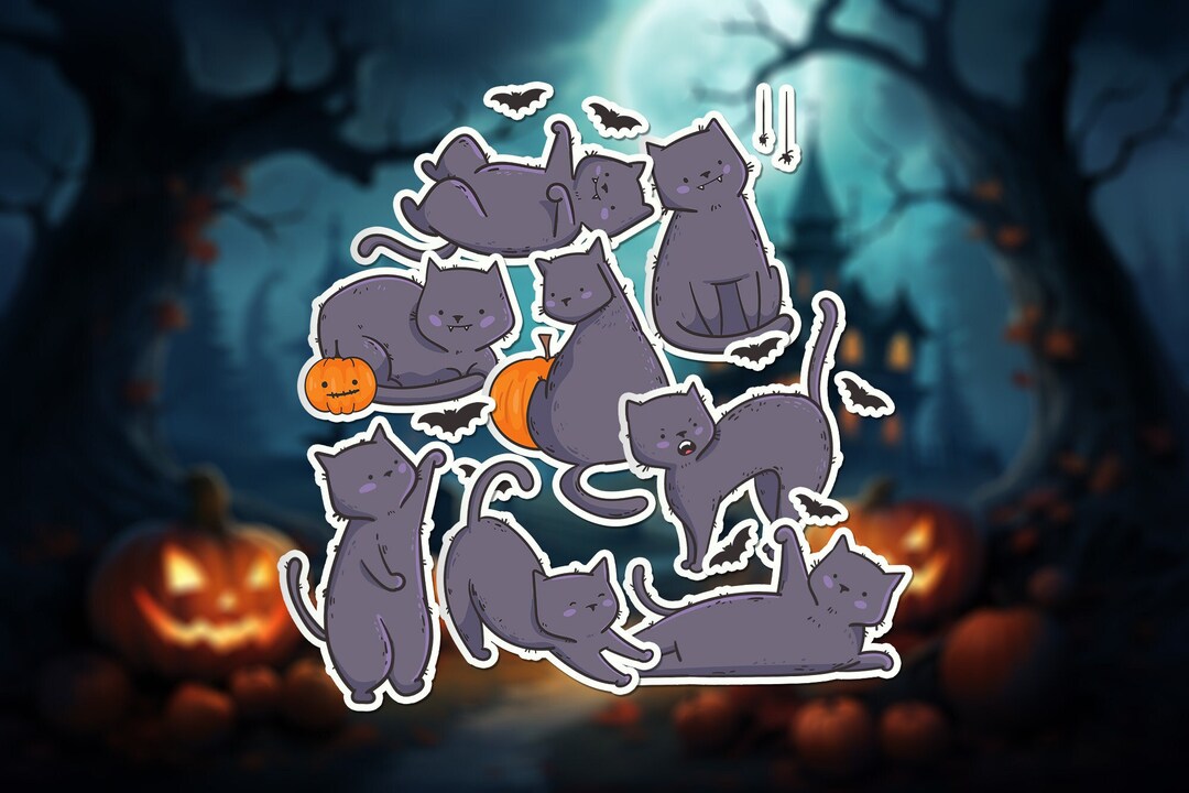 8x Cat Halloween Stickers, Cute Sticker Set, Cat Sticker Pack, Spooky ...
