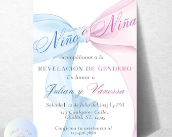 Könnte beinhalten: Eine Einladung zur Geschlechtsenthüllung mit Aquarelldesign. Die Einladung zeigt eine blaue und rosa Schleife mit den Worten "Nino" und "Niña". Der Text lädt die Gäste zu einer Geschlechtsenthüllung zu Ehren von Julian und Vanessa ein.