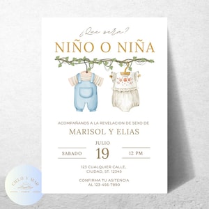 Peut inclure: Une invitation de révélation du sexe avec le texte "¿Que sera? NIÑO O NIÑA" au-dessus d'illustrations de vêtements de bébé. L'invitation comprend les détails de la fête de révélation du sexe de Marisol et Elias.