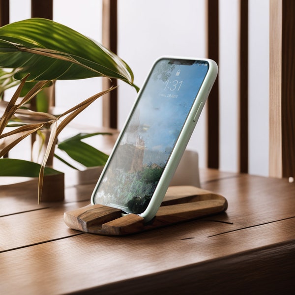 Wooden Phone Stand For Desk, Handmade Phone Holder for iPhone and iPad, Oak And Walnut Tablet Stand, Office Gift for Him and Her, Home Gift