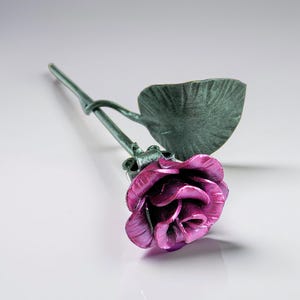 Metal Rose Flower - Hand Forged Lilac Rose - Gift for Her - Iron Anniversary Gift - Valentine’s Day Decor - Long Stem Metal Art Rose