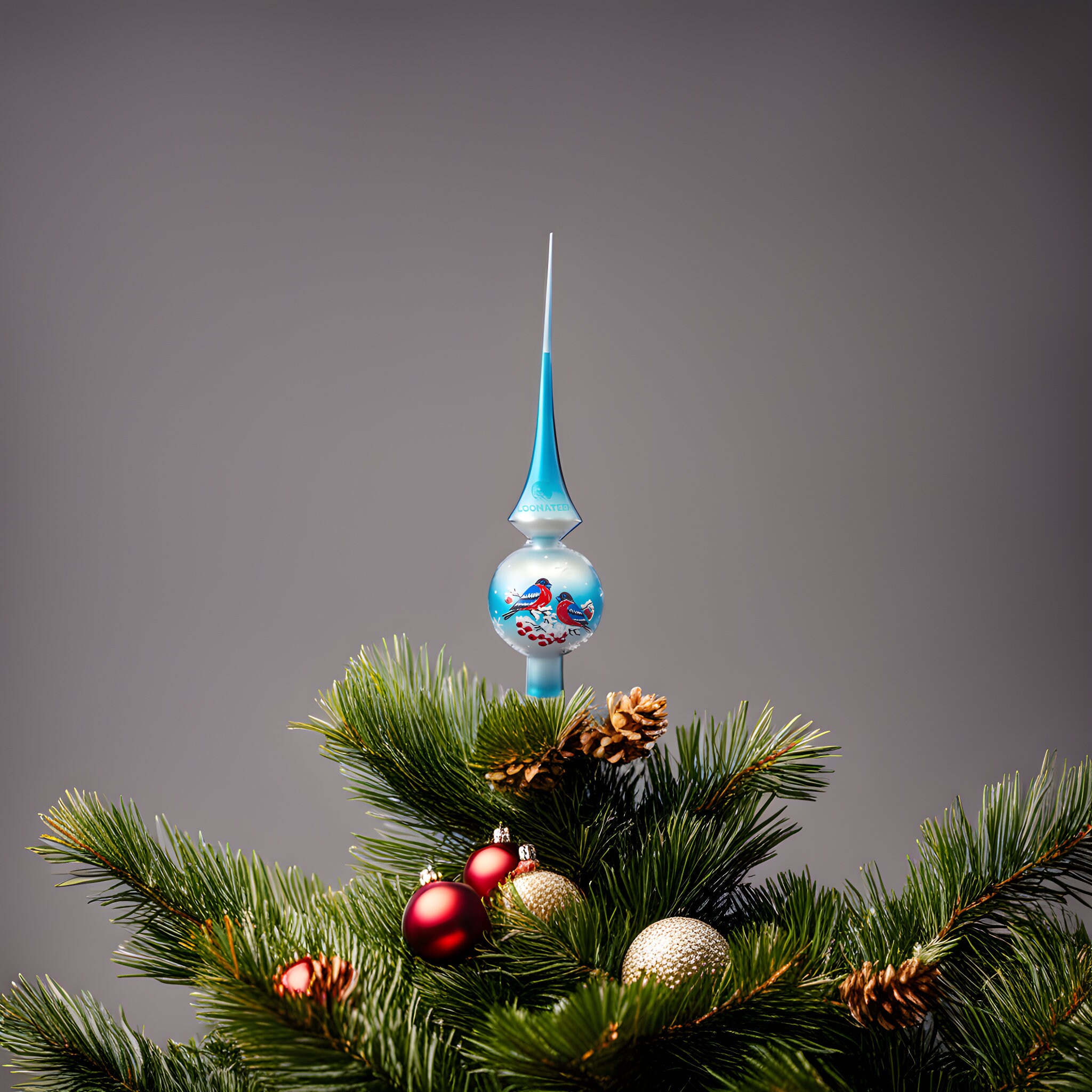 Bullfinches Sky Blue Glass Finial Christmas Tree Topper, Handmade Blown
