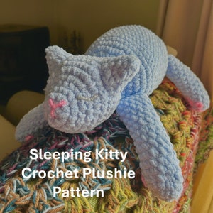 May include: A light blue crocheted sleeping kitty plush toy pattern. The plush toy is lying on a multi-coloured crocheted blanket.