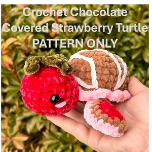 Op de afbeelding: Gehaakte aardbeien schildpad met een chocolade bedekte schil. De schildpad is gemaakt met rood, roze, bruin en wit garen. Het patroon is te koop.