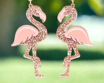 Pink Flamingo Paradise: Glitter Acrylic Bird Earrings for Vacay Vibes
