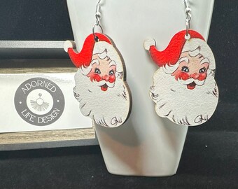 Double-Sided Retro Wooden Santa Dangle Earrings - Festive and Playful Holiday Jewelry