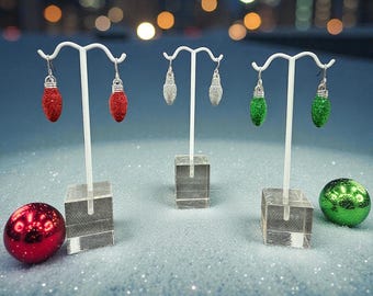 Glitter Christmas Light Bulb Dangle Earrings | Festive Holiday Jewelry | Red & Green Acrylic
