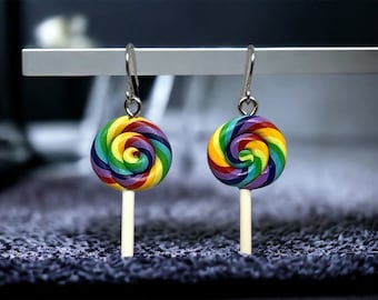 Adorable Dangle Earrings with Vibrant Rainbow Swirl Lollipop Design - Fun and Colorful Accessories