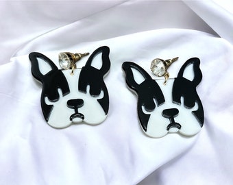 Boston Terrier Puppy Acrylic Dangle Earrings with Rhinestone