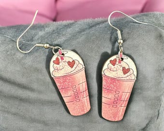 Painted Wood Coffee Dangle Earrings, Caffeine Lover Gift, Quirky Foodie Jewelry, Stocking Stuffer