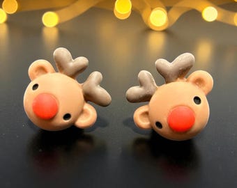 Rudolph Reindeer Studs | Polymer Clay Christmas Earrings