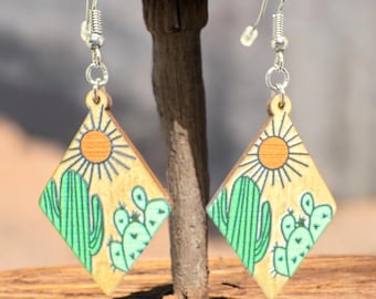 Hand-Painted Wooden Cactus & Sun Earrings – Southwest-Inspired Dangle Jewelry