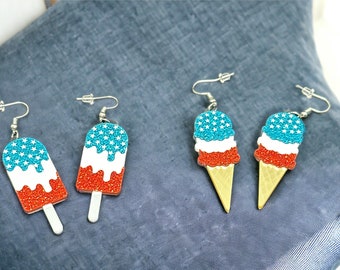 Patriotic Acrylic Dangle Earrings: 4th of July Ice Cream & Popsicle