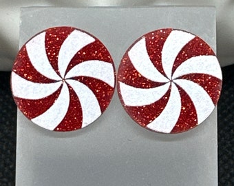 Peppermint Candy Stud Earrings, Glitter Red and White Acrylic, Christmas Gift for Her