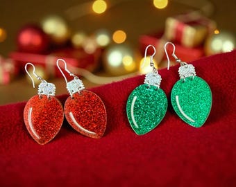 Glitter Christmas Lightbulb Dangles • Festive Red & Green Acrylic Jewelry Gift