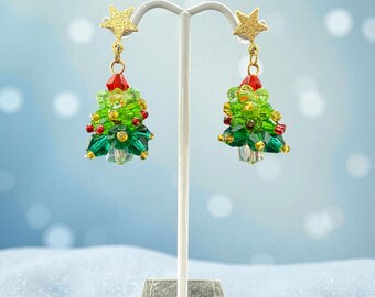 Handmade Beaded Christmas Tree Dangle Earrings, Holiday Jewelry Gift