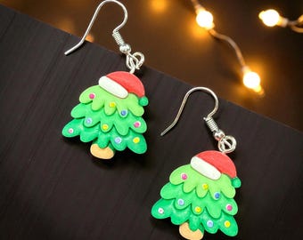 Handmade Christmas Tree Earrings with Santa Hat, Polymer Clay Jewelry