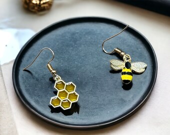 Funky and Fun Bumble Bee with Honeycomb Dangle Earrings - Dainty, Delicate, and Quirky Jewelry