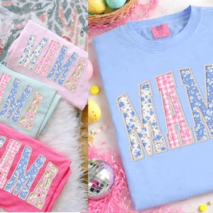 Floral Mama PNG, Pearl Outline Patchwork Letters, Vintage Blue Pink Mom Shirt Design, Mother’s Day Sublimation File