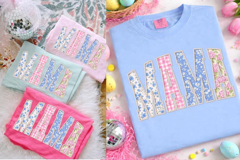 Floral Mama PNG, Pearl Outline Patchwork Letters, Vintage Blue Pink Mom Shirt Design, Mother’s Day Sublimation File