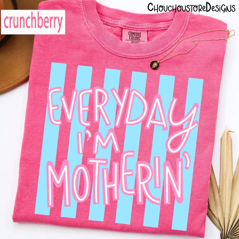 May include: A pink t-shirt with light blue vertical stripes and the text "EVERYDAY I'M MOTHERIN'" in white script. The shirt has a crew neck and short sleeves. The brand name "crunchberry" is in the top left corner.