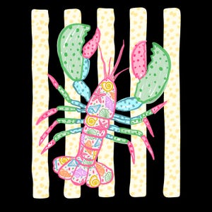 May include: A colorful illustration of a lobster with a black background and vertical striped pattern. The lobster is decorated with seashells and starfish. The claws and legs are pink, green, and blue.