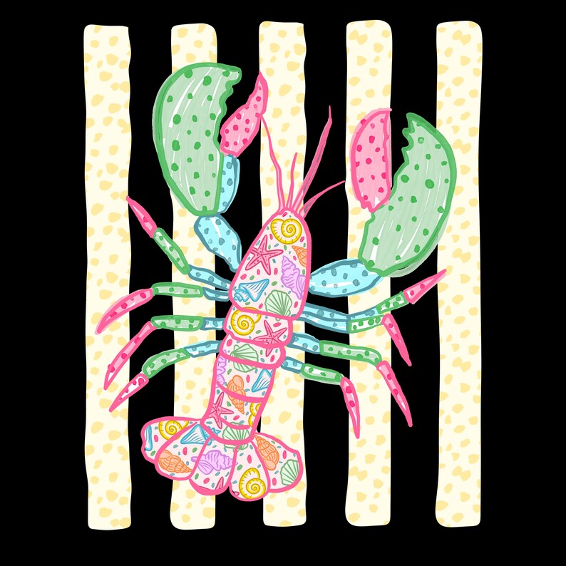 May include: A colorful illustration of a lobster with a black background and vertical striped pattern. The lobster is decorated with seashells and starfish. The claws and legs are pink, green, and blue.