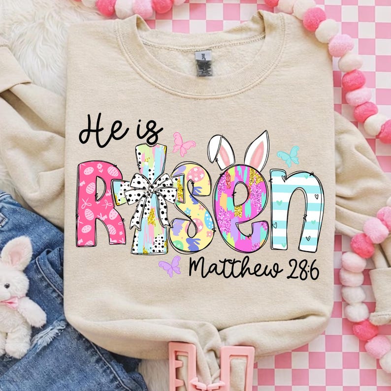 Brushstroke He Is Risen png, Christian Easter Sublimation Design Matthew 28:6, Retro Pastel Faith Easter Bunny Christian, Religious Easter image 4