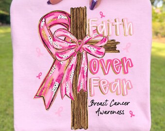 Brushstroke Faith Over Fear Breast Cancer PNG, Pink Ribbon Cross Clipart, Christian Breast Cancer Awareness Sublimation Download