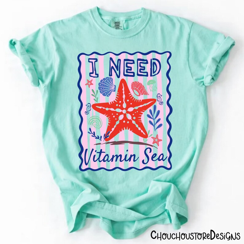 I Need Vitamin Sea Preppy Summer png, Beach Quote Shirt Design, Coastal Girly Graphic, Retro Ocean Starfish PNG, Summer Vacation Sublimation