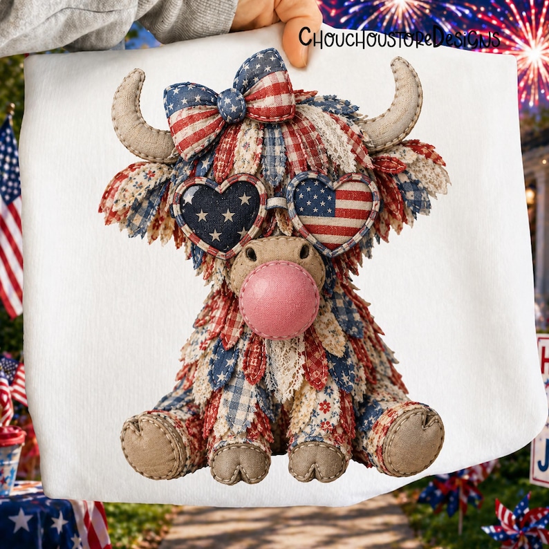 May include: A plush Highland cow with patriotic red, white, and blue patchwork fabric. It features heart-shaped sunglasses with American flags and a bow. The cow has tan horns, hooves, and a pink nose. The text "ChouChouStoreDesigns" is visible.