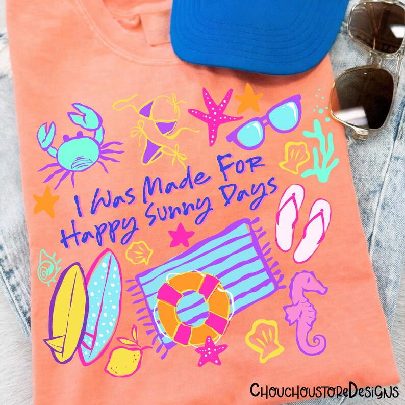 Neon Preppy Summer doodles png, I Was Made For Happy Sunny Days Quote, Retro Beach, Colorful Girly Vacation Design, Cute Summer Sublimation