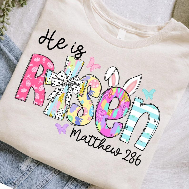 Brushstroke He Is Risen png, Christian Easter Sublimation Design Matthew 28:6, Retro Pastel Faith Easter Bunny Christian, Religious Easter image 5