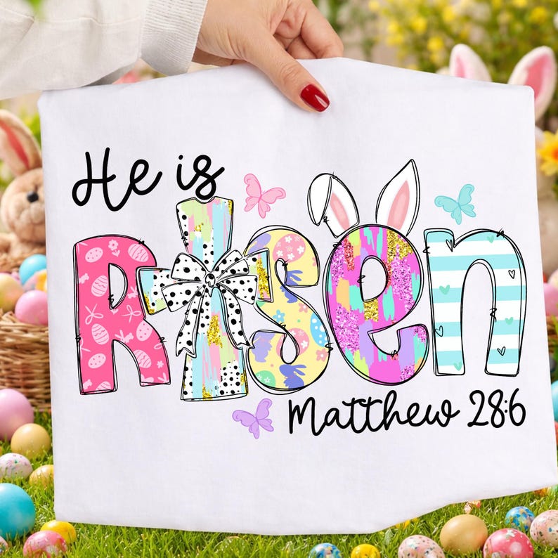 Brushstroke He Is Risen png, Christian Easter Sublimation Design Matthew 28:6, Retro Pastel Faith Easter Bunny Christian, Religious Easter
