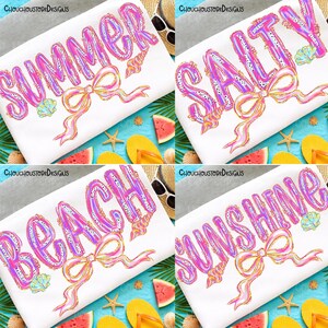 May include: Four white beach-themed designs with the words "SUMMER", "SALTY", "BEACH", and "SUNSHINE" in pink and purple bubble letters. Each design includes a bow, seashells, and a beach scene background with watermelon and flip-flops.