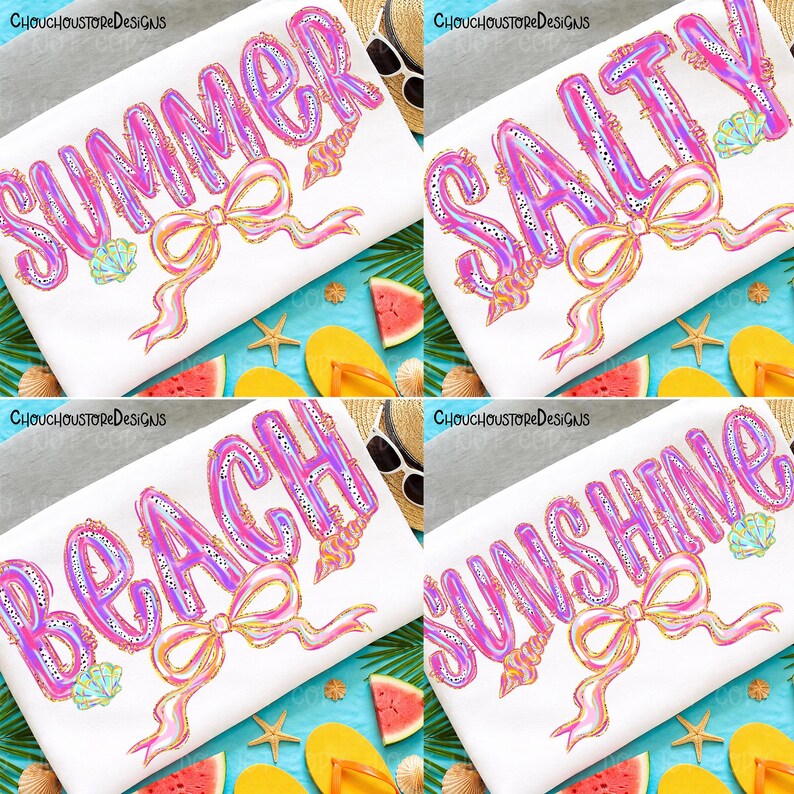 May include: Four white beach-themed designs with the words "SUMMER", "SALTY", "BEACH", and "SUNSHINE" in pink and purple bubble letters. Each design includes a bow, seashells, and a beach scene background with watermelon and flip-flops.