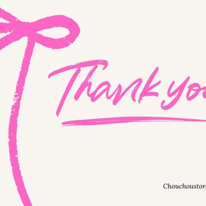 May include: A digital art print featuring the words "Thank you" in a vibrant pink script font. A matching pink bow and line accent the text on a cream-colored background. The shop name is in the bottom right corner.