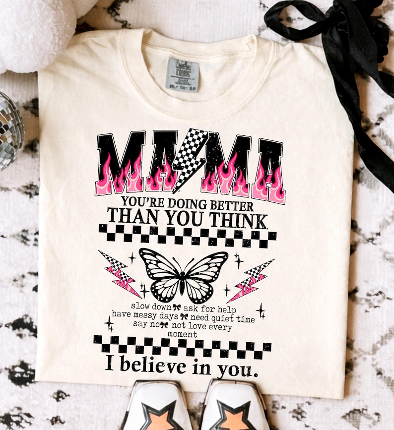 Grunge Mama varsity png, Checkered Lightning Mom Shirt Design, Edgy Cool Mom Graphic Tee, Retro Pink Mama Quote, Butterfly mama sublimation image 4
