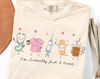 I’m Literally Just a Nurse PNG, Cute Nurse Doodle Characters png, Stethoscope Scrubs Syringe Bandage Coffee Hand Drawn Nurse PNG