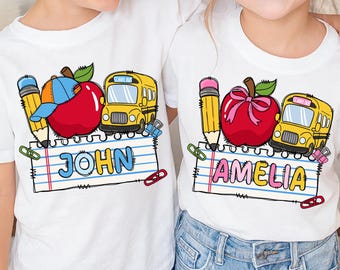 Custom Back to School doodles PNG, Personalized Name Clipart, School Bus Apple Pencil Digital Design, Boys Girls First Day of School png