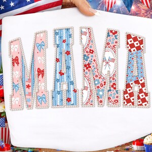 May include: A white surface displays the word "MAMA" in large, decorative letters. Each letter is outlined with pearls and filled with patriotic patterns, including bows, flowers, and flags in red, white, and blue. The overall theme is festive.