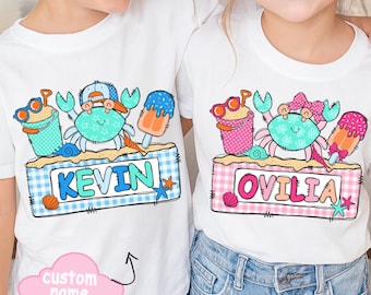 Custom Kids Beach Name PNG, Matching Brother Sister Summer Shirt Design, Crab Personalized Name png, Sibling Beach Outfit Sublimation Design