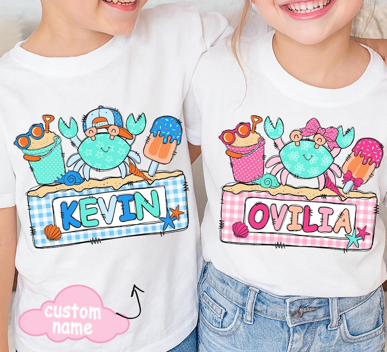 Custom Kids Beach Name PNG, Matching Brother Sister Summer Shirt Design, Crab Personalized Name png, Sibling Beach Outfit Sublimation Design