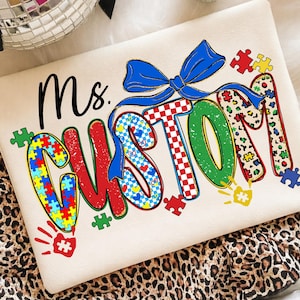 Custom Autism Name Png,  Ms Mrs custom Autism doodles Png, Personalized Custom Autism Awareness Png, Puzzle Pieces Custom Bow png