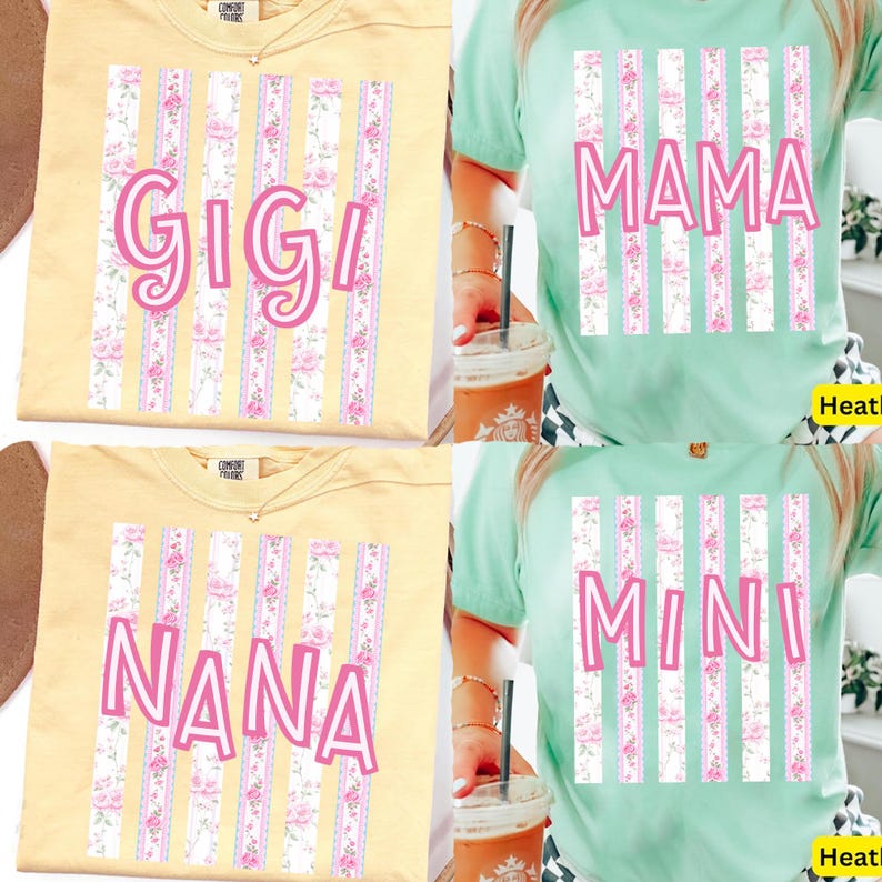 Preppy Floral Mama PNG Bundle, Mama Mini Nana Gigi PNG Set, Coquette Rose Stripe Designs, Girly Motherhood Sublimation Pack