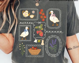 Vintage Cottagecore Goose PNG, Farmhouse Kitchen Aesthetic PNG, Floral Lace Frame Duck PNG, Country Garden Clipart Sublimation Design