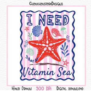 Boho I Need Vitamin Sea Preppy Summer png, Beach Quote Shirt Design, Coastal Girly Graphic, Retro Ocean Starfish,Summer Vacation Sublimation image 4